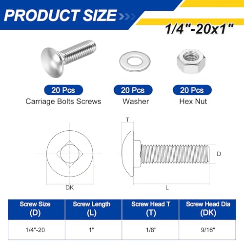 20Set 1/4"-20x1 Carriage Bolt 304SS, Silver - color: Silver, size: 1/4"-20x1