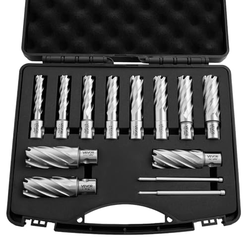 VEVOR Annular Cutter Set, 13 pcs Universal Shank Mag Drill Bits Kit, 2" Cutting Depth, 7/16" to 1-1/16" Cutting Diameter, HSS, 11 Drill Bits with 2 Pilot Pins, Plastic Case, for Magnetic Drills, Steel - size: 7/16" - 1-1/16" * 2"(Universal)