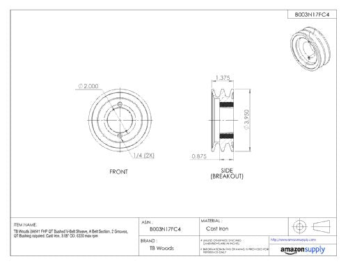 TB Woods 2AK41 FHP QT Bushed V-Belt Sheave, A Belt Section, 2 Grooves, QT Bushing required, Cast Iron, 3.95" OD, 6330 max rpm - size: 6330 max rpm
