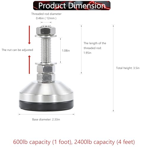 Heavy Duty 2400 lb Capacity Stainless Steel Adjustable Leveling Feet for Shelving,Machinery Devices, Workbench,Furniture,M12 Thread, 2.33inches Dia Base, Anti-Slip Nylon Pad - color: Black, size: B2.33in x M12 x H1.97in