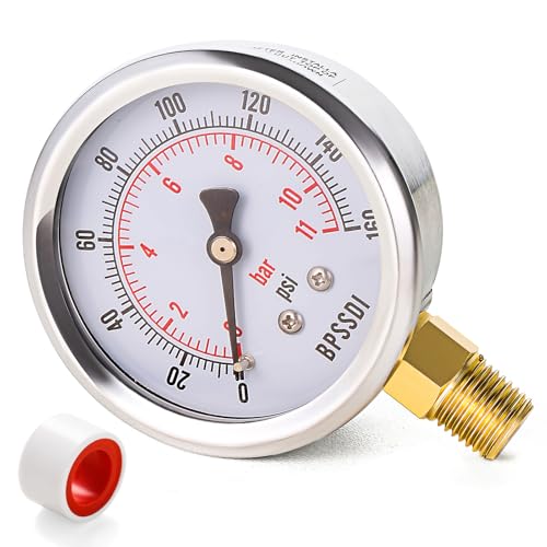 0-160 Psi Pressure Gauge, 2.5" Dial Size, 1/4" NPT Lower Mount, 304 Stainless Steel Case, Water Pressure Gauge Test for Water Pump, Pneumatic Air, RV Hose, Tank, Well Pump(with Tape) - size: 0-160 psi, style: Lower Mount
