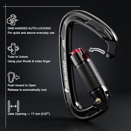 FresKaro UIAA Certified 25KN Auto Locking Climbing Carabiner Clips, Twist Lock, and Heavy Duty Carabiners for Rock Climbing, Rappelling, and Mountaineering, D Shaped - color: 3PCS-BLACK