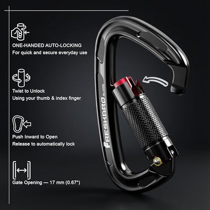 FresKaro UIAA Certified 25KN Auto Locking Climbing Carabiner Clips, Twist Lock, and Heavy Duty Carabiners for Rock Climbing, Rappelling, and Mountaineering, D Shaped - color: 3PCS-BLACK