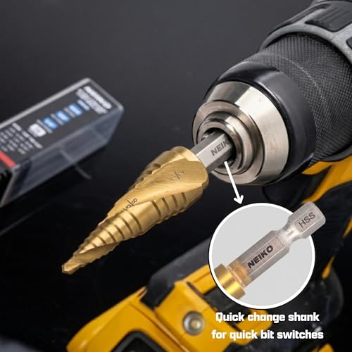 NEIKO 10629A Step Drill Bit, 2 Steps 7/8" to 1-1/8" Spiral High Speed Steel, Titanium Nitride Coated, 1/4" Quick Change Step Bits for Steel, Metal, Wood, Plastic, Unibit Cone Drill Bits, Two Flute - size: #9 (7/8 - 1-1/8", 2S), style: Spiral