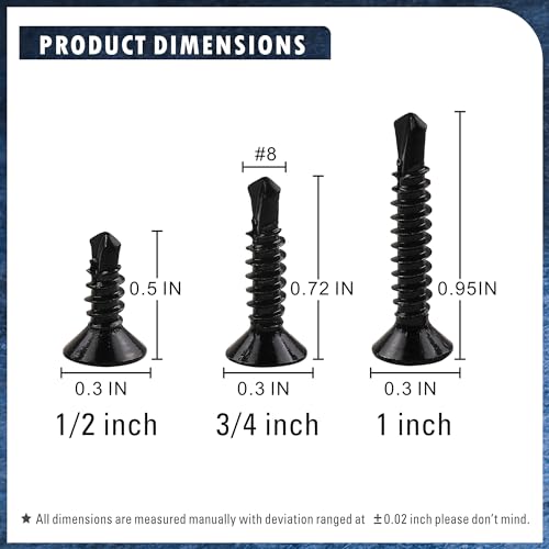 410 Stainless Steel #8 Self Drilling TEK Screw Assortment Kit, Flat Head Self Tapping Sheet Metal Screws, Length 1/2" 3/4" 1" 300 PCS - Black Oxide (Pack of 2) - size: #8 Flat Head (Pack of 2)