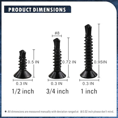410 Stainless Steel #8 Self Drilling TEK Screw Assortment Kit, Flat Head Self Tapping Sheet Metal Screws, Length 1/2" 3/4" 1" 150 PCS - Black Oxide - size: #8 Flat Head