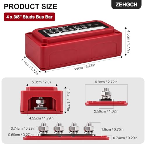 300A Bus Bar 12V Power Distribution Block with 3/8" Studs,Marine Battery Bus Bar Terminal Block Positive & Negative for Automotive Car Boat Solar System (300A 4 x 3/8" Studs) - size: 300A 4 x 3/8" Studs