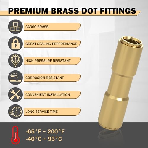 CheeMuii 6PCS 1/4" Brass DOT Air Line Fittings DOT Brass Straight Union - size: 1/4IN-6PCS