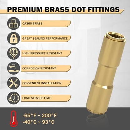 CheeMuii 6PCS 1/4" Brass DOT Air Line Fittings DOT Brass Straight Union - size: 1/4IN-6PCS
