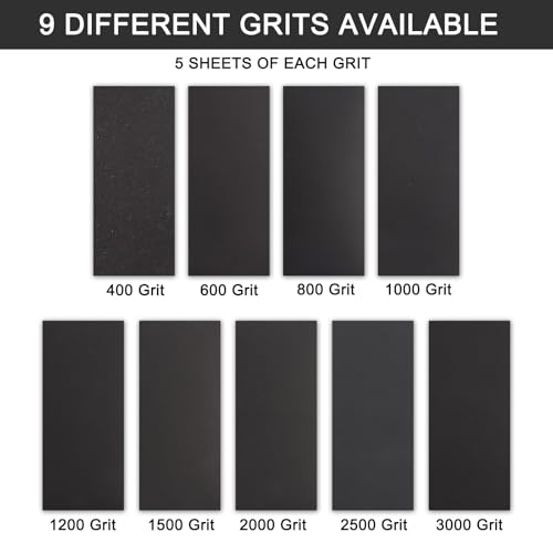 45Pcs Wet Dry Sandpaper, 400/600/ 800/1000/ 1200/1500/ 2000/2500/ 3000 Grit Assorted Sanding Sheets for Automotive Polishing, Metal Sanding, Wood Furniture Finishing, 9 x 3.6 Inch