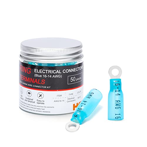 HKS 50 PCS Ring Terminals #6 Blue 16-14 AWG - M3.5 - Electrical Connectors - Heat Shrink Wire Connector Kit - Tinned Red Copper - Automotive Marine Ring Connectors - Waterproof and Insulated - color: Blue, size: #6 (M3.5)