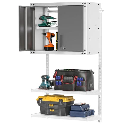 Goplus Garage Wall Cabinet, Metal Wall Mounted Tool Storage Chest with 3 Adjustable Shelves, Lockable Doors, Keys, Hanging Tool Cabinet for Workshop, Basement, Kitchen