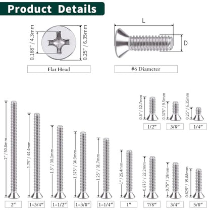 #6-32 x 1-3/8" Phillips Flat Head Machine Screws, 304 Stainless Steel (18-8), Coarse Thread UNC Fully Threaded, 50-Pack - size: #6-32 x 1-3/8"