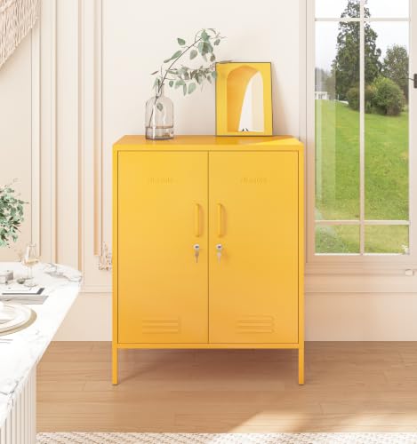 Yellow 2-Door Lockable Metal Storage Cabinet, Heavy Duty 3-Tier Tall Locker with Removable Shelves, Multifunctional Accent Cabinet for Home, Office, Entryway & Hallway, Easy Assembly - color: Mustard