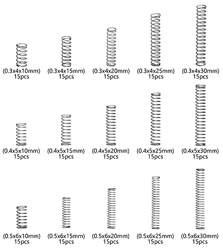 Compression Springs Assortment Kit, 15 Different Sizes 225pcs Mini Stainless Steel Springs for Repairs, 0.39" to 1.18" Length, 0.16" to 0.23" OD, 10mm - 30mm Length, 4-6mm OD - size: KIT A