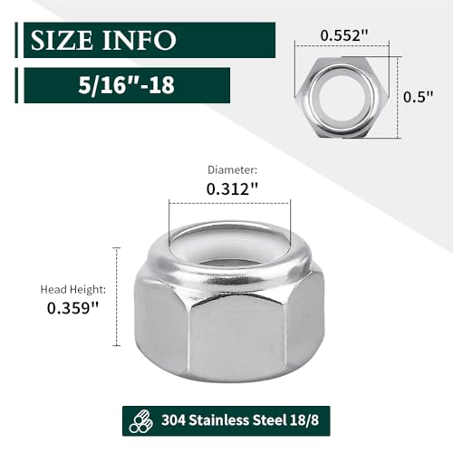 5/16"-18 Nylon Lock Nuts, 304 Stainless Steel (18-8) Hex Insert Locknuts, UNC Coarse Thread, Anti Vibration Nuts for Heavy Duty Projects, 50 Pack - size: 5/16"-18