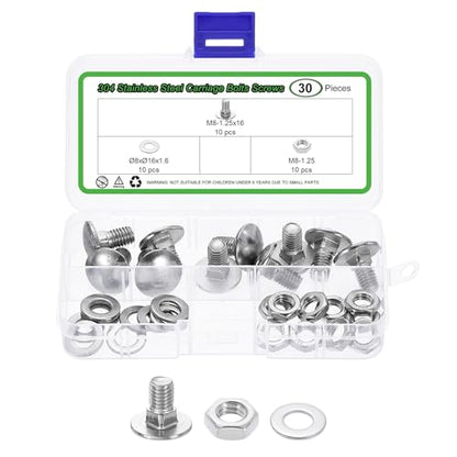 uxcell 10 Set Carriage Bolts and Nuts Kit, M8-1.25x16 Stainless Steel 304 Round Head Square Neck Carriage Bolts Screw and Hex Nuts and Flat Washers - Silver - size: M8-1.25x16mm