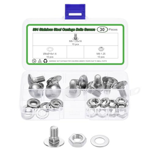 uxcell 10 Set Carriage Bolts and Nuts Kit, M8-1.25x16 Stainless Steel 304 Round Head Square Neck Carriage Bolts Screw and Hex Nuts and Flat Washers - Silver - size: M8-1.25x16mm