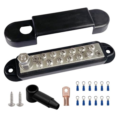 Ampper 1/4" Stud Power Distribution Block Bus Bar 12 x #8 Screw Kit, Black - color: Black, size: Plated Brass Kit