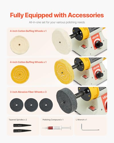 VEVOR Bench Buffer Polisher, 1/2HP Polishing and Buffing Machine, 0 to 8000RPM Benchtop Polisher with 2PCS 4" Cotton Wheel, 3PCS 3" Abrasive Fiber Wheels & Polishing Compound for Metal Jewelry Wood - style: 1/2HP-4inch