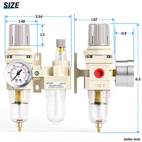 TAILONZ PNEUMATIC 1/4 Inch NPT Air Filter Pressure Regulator Water/Oil Trap Separator Combo(0-145PSI),Air Tool Compressor Filter with Gauge AC2010-02(Manual Drainage) - color: Manual/2 in 1, size: 1/4"NPT