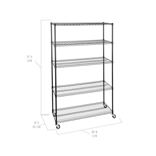 UltraDurable 5-Tier NSF Steel Wire Shelving, 48"W x 18"D x 75"H, Black - color: Black, size: 5-Tier Shelving, 48" W x 18" D