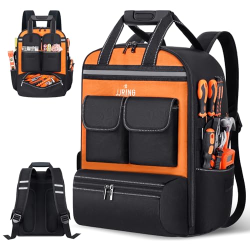 Jjring Heavy-Duty Men's Tool Bag Backpack With 18 Pockets, Orange - color: Orange