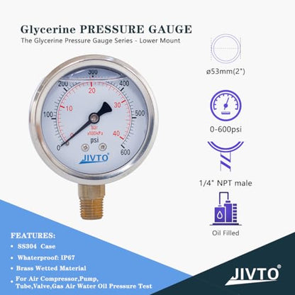 Pressure Gauge,Glycerin Liquid Filled,2" Dual Scale Dia,0-600 psi/bar/kpa,1/4" NPT Brass Connection,Lower Mount, Stainless Steel Case,for Air Compressor,Pump,Tube,Valve,Gas Air Water Oil Test - size: 0-600 psi