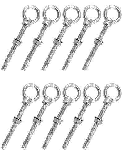 QWORK Threaded Eyebolts, 10 Pack 3/8" x 4" Long Stainless Steel Marine Grade Shoulder Eye Bolt, M10x100mm - color: 10 Pack, size: 3/8" x 4"