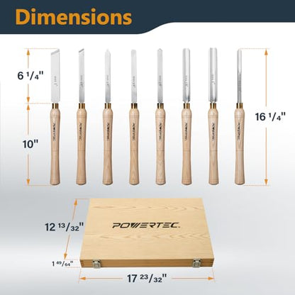 POWERTEC 8 Pcs Wood Lathe Chisel Set, HSS Steel Blades Wood Lathe Tools | Spindle Gouge, 2 Pcs Roughing Gouge, Spear Scraper, Round Nose Scraper, Parting Tool, 2 Pcs Skew Chisel (71824) - style: 8pcs set