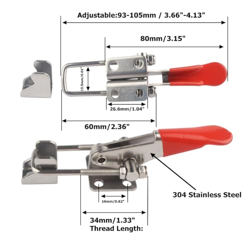 2Pcs Heavy Duty Toggle Clamp Capacity 400LBs, 304 Stainless Steel Adjustable U Bolt Holding Quick Release Latch 40323