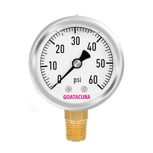 0-60psi Glycerin Filled Pressure Gauge, 2" Dial Size, 304 Stainless Steel Case, 1/4" NPT Lower Mount, with High Accuracy, for Measuring Water Air Hydraulic Pressure - size: 0-60psi, style: BRASS