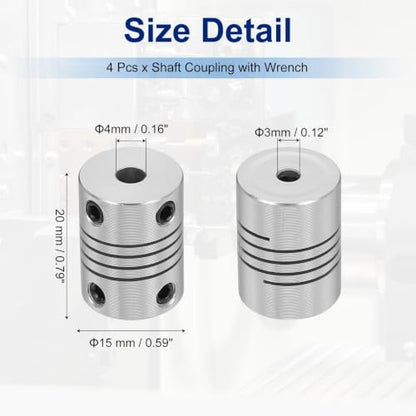 Flexible Shaft Coupling(3mm|4mm): 4 Pcs Silver Aluminum Alloy - color: Silver, size: 3mm x 4mm (15mm OD, 25mm L)