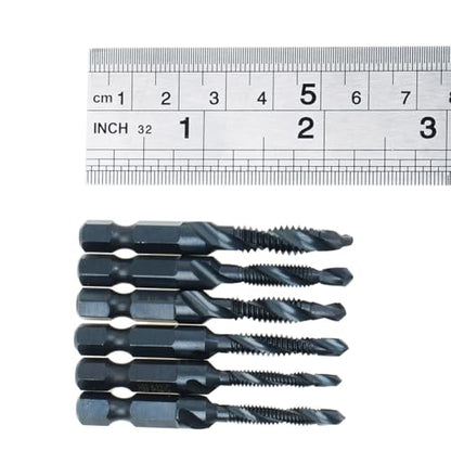 6 Pack Drill Tap Bit Set Black Nitride Coated SAE 6-32 to 1/4-20 NC Combo