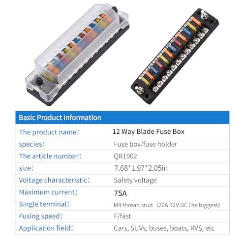 12-Way 12V Fuse Box Blade, 12-Volt Fuseholder, No LED Indicator, Moisture Resistant Cover - with Ground Bus 12-Way Independent Positive Fuseholder for 12V/24V Cars, Car Trucks, Boats, Marine Vehicles - size: 12 Way