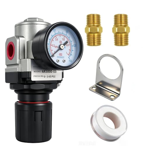 LTPC 3/8 Inch NPT Compressed Air Pressure Regulator with Dial Gauge & Mounting Bracket - 0-150 PSI Adjustable Air Hose Line Pressure Control Valve Kit for Pneumatic Tools & Air Systems (AR3000-03)