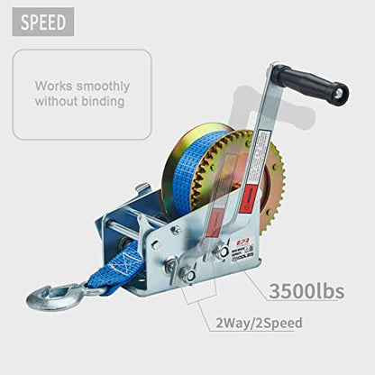 OPENROAD Boat Winch 3500lbs Hand Winch, with 32ft Blue Strap and 2 Speed switchable, for Boat Trailer Towing Winch
