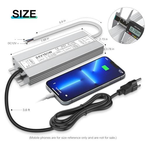 LED Driver 150 Watts Waterproof IP67 Power Supply, Input 100-260V AC with 3-Prong Plug, 24V DC 6.25A, Low Voltage Transformer for Outdoor LED Lights - size: 24V150W