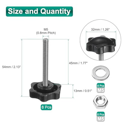 uxcell 8pcs Star Clamping Knobs with Nuts Washers, M5 x 45mm Metric 304 Stainless Steel Male Thread 32mm 6-Star Plastic Head, Threaded Stud Hand Knobs Handles Thumb Screws, Black - size: M5 x 45mm