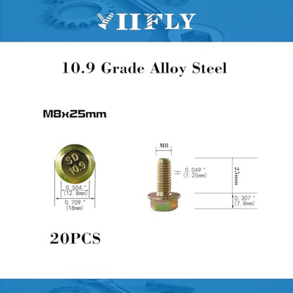 M8 x 25mm Flanged Hex Head Bolts, M8x1.25 Pitch, Grade 10.9 Alloy Steel, Color Zinc Plated, Full Thread, 20 Pack - size: M8 x 25mm(20PCS)