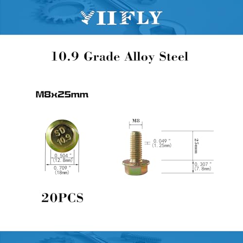 M8 x 25mm Flanged Hex Head Bolts, M8x1.25 Pitch, Grade 10.9 Alloy Steel, Color Zinc Plated, Full Thread, 20 Pack - size: M8 x 25mm(20PCS)