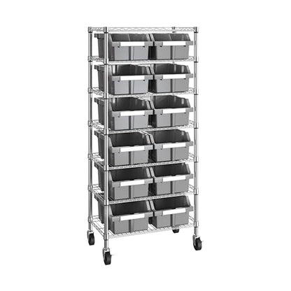 7-Tier NSF 12-Bin Steel Wire Shelving Rack, 25"W x 14"D x 56"H, Gray - color: Gray, size: Includes 12 Bins