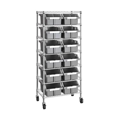 7-Tier NSF 12-Bin Steel Wire Shelving Rack, 25"W x 14"D x 56"H, Gray - color: Gray, size: Includes 12 Bins