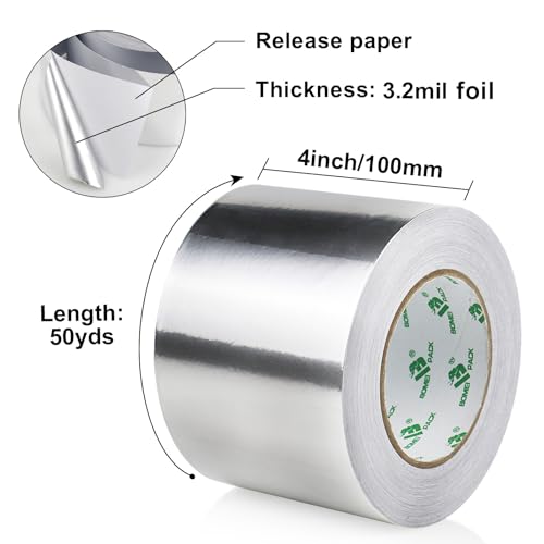 BOMEI PACK Aluminum Foil Tape - 4 Inch x 50 Yards - 3.2mil Heavy Duty Metal Duct Tape, Aluminum HVAC Tape for Sealing & Patching, Air Ducts, Insulation Metal Repair, Professional Grade - size: 100mm