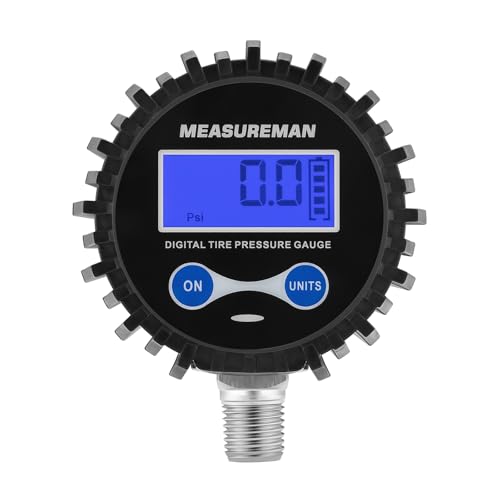 MEASUREMAN 2-1/2" Dial Size Digital Air Pressure Gauge with 1/4'' NPT Bottom Connector and Protective Boot, 0-250psi, Accuracy 1%, Battery Powered with LED Light - size: Long thread, style: 0-250psi