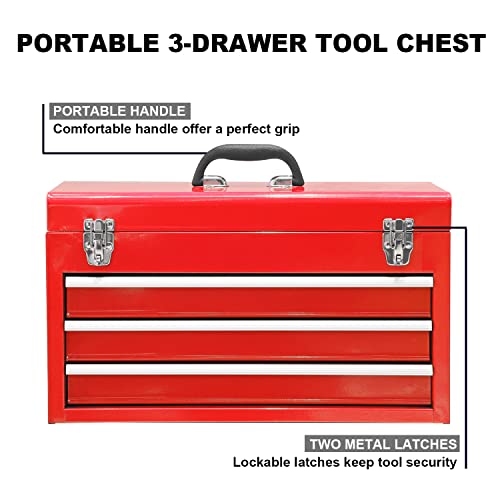 BIG RED Metal Tool Box, 20.5-inch, Portable Metal Tool Box with 3 Drawers - color: Red, size: 20.5 in