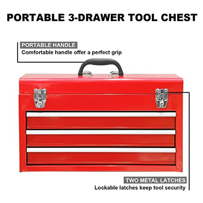 BIG RED Metal Tool Box, 20.5-inch, Portable Metal Tool Box with 3 Drawers - color: Red, size: 20.5 in