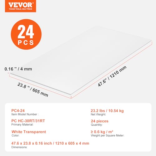 VEVOR 24 Pack Polycarbonate Greenhouse Panels, 2' X 4' X 0.16'' Roof Panels Sheets, Waterproof UV Protected Corrugated Plastic Roofing, Impact Resistance Clear Roofing Sheets for Greenhouse/Garden - size: 24PCS / 4FT * 2FT * 0.16IN