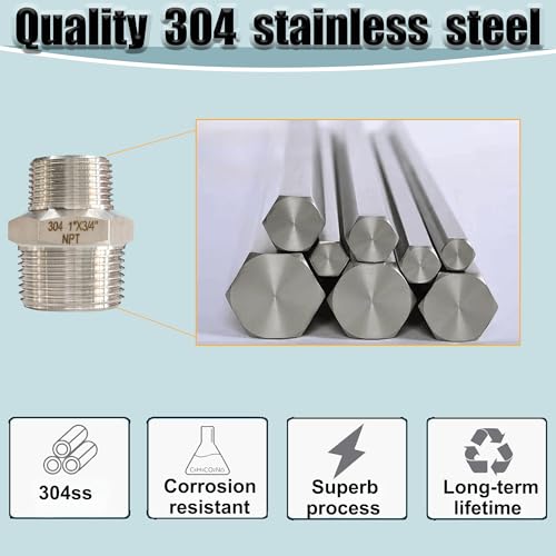304 Stainless Steel Hex Nipple Reducer, 3/4" x 1/2" NPT Male Threaded Reducing Nipple Pipe Fitting Adapter, 2000psi Heavy Duty Reducer Straight Connector (3/4"- 1/2")