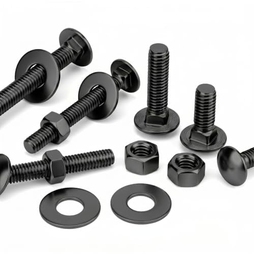 Mellewell 3/8-16 x 3-1/2" Carriage Bolt Kit, Carriage Bolts with Nuts and Washers, Round Head Square Neck, 304 Stainless Steel, Full Thread, Black Finish, 4 Sets - color: Black, size: 3/8-16 x 3-1/2"